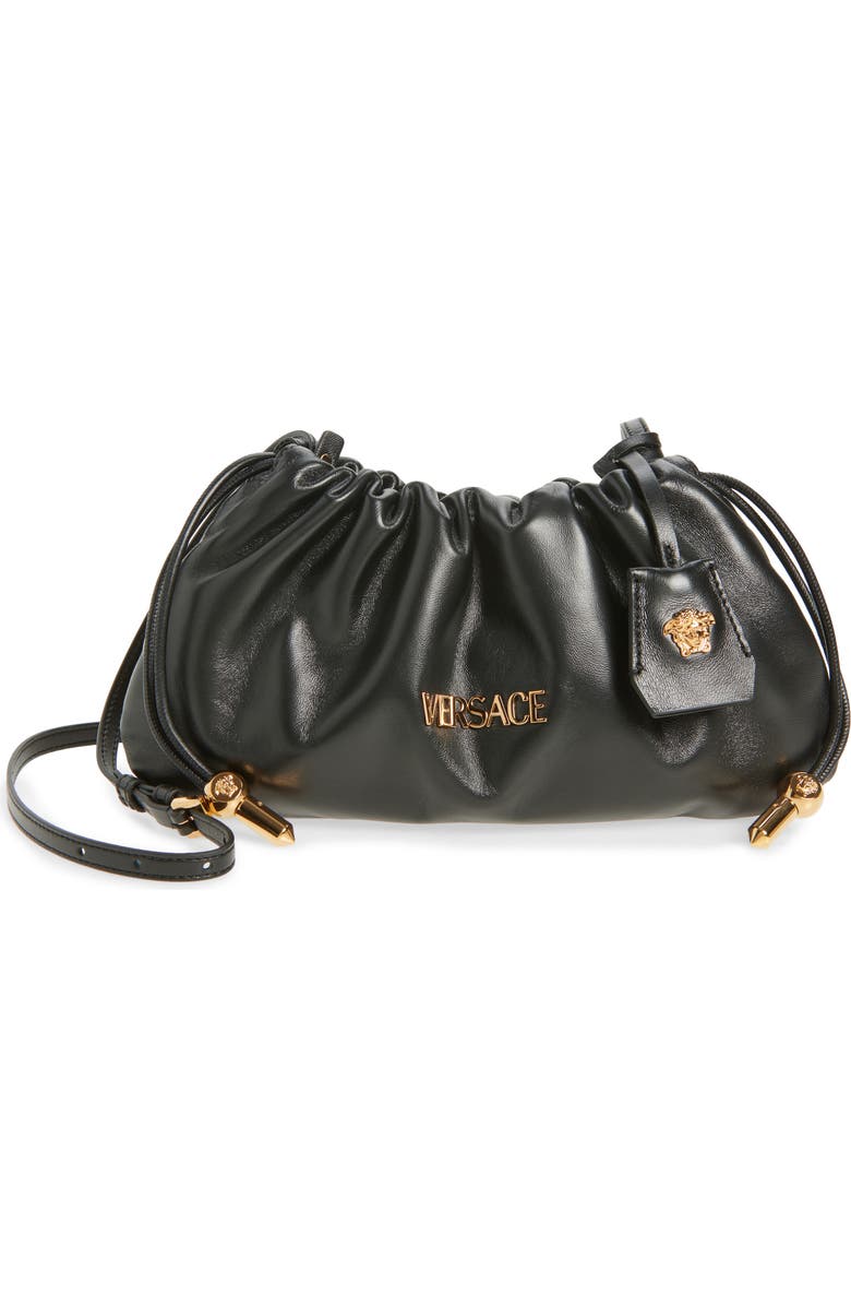 Versace Mini Logo Leather Handbag, Main, color, Black-Versace Gold