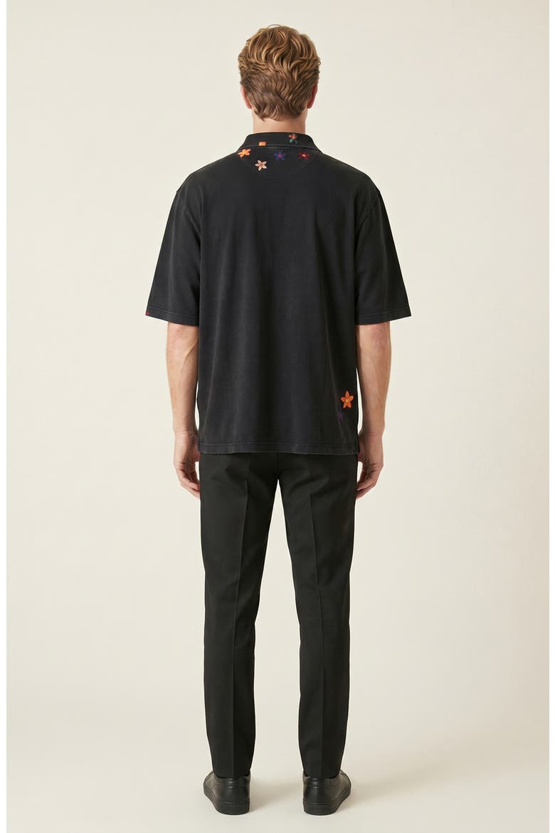 Relaxed Fit Floral Embroidered Polo Shirt with Washed Finish, Alternate, color, Black