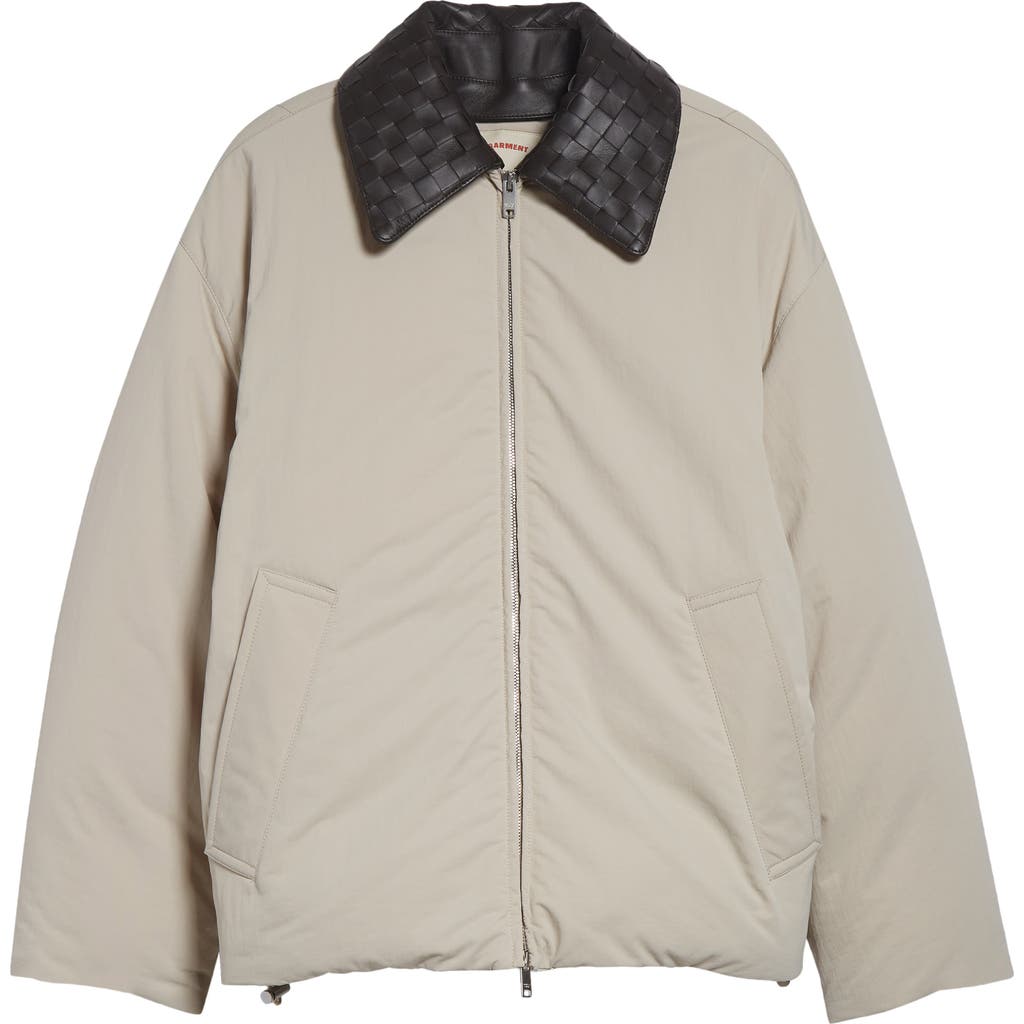 Bottega Veneta Intrecciato Leather Collar Tech Nylon Puffer Jacket In Neutral