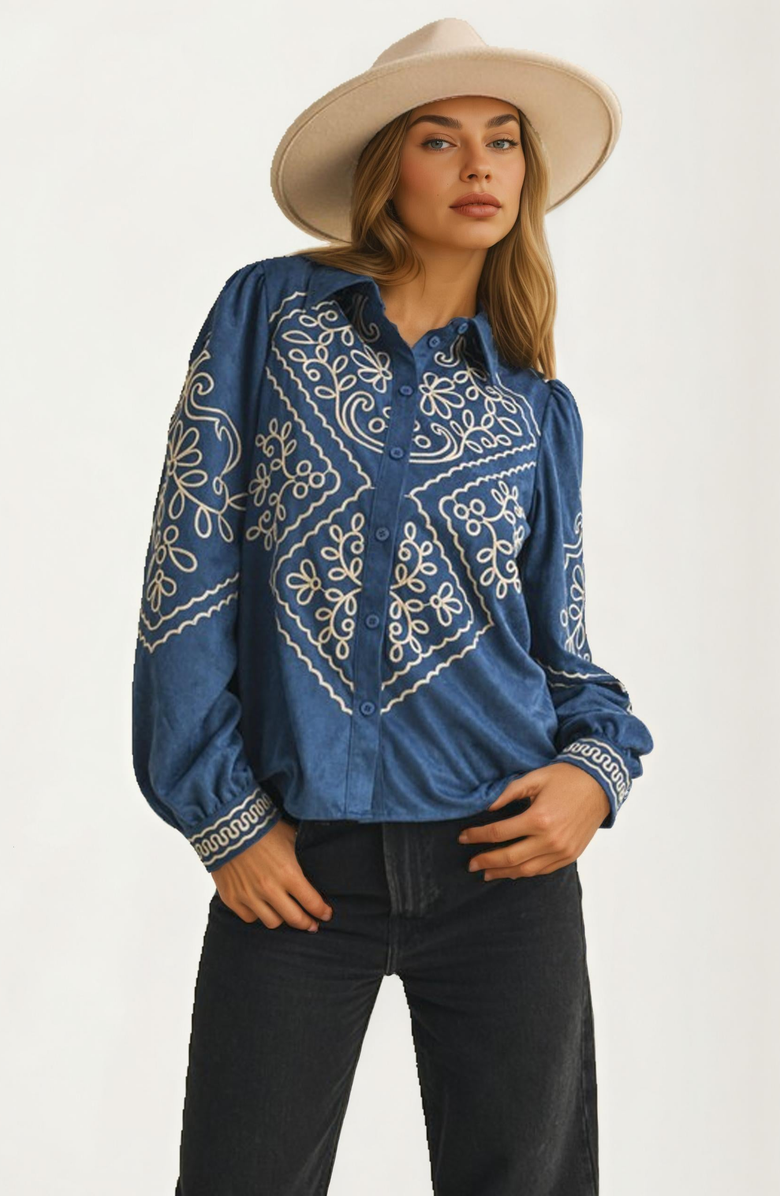 Knit and Lounge Embroidered Denim Button-Down Blouse, Alternate, color, 