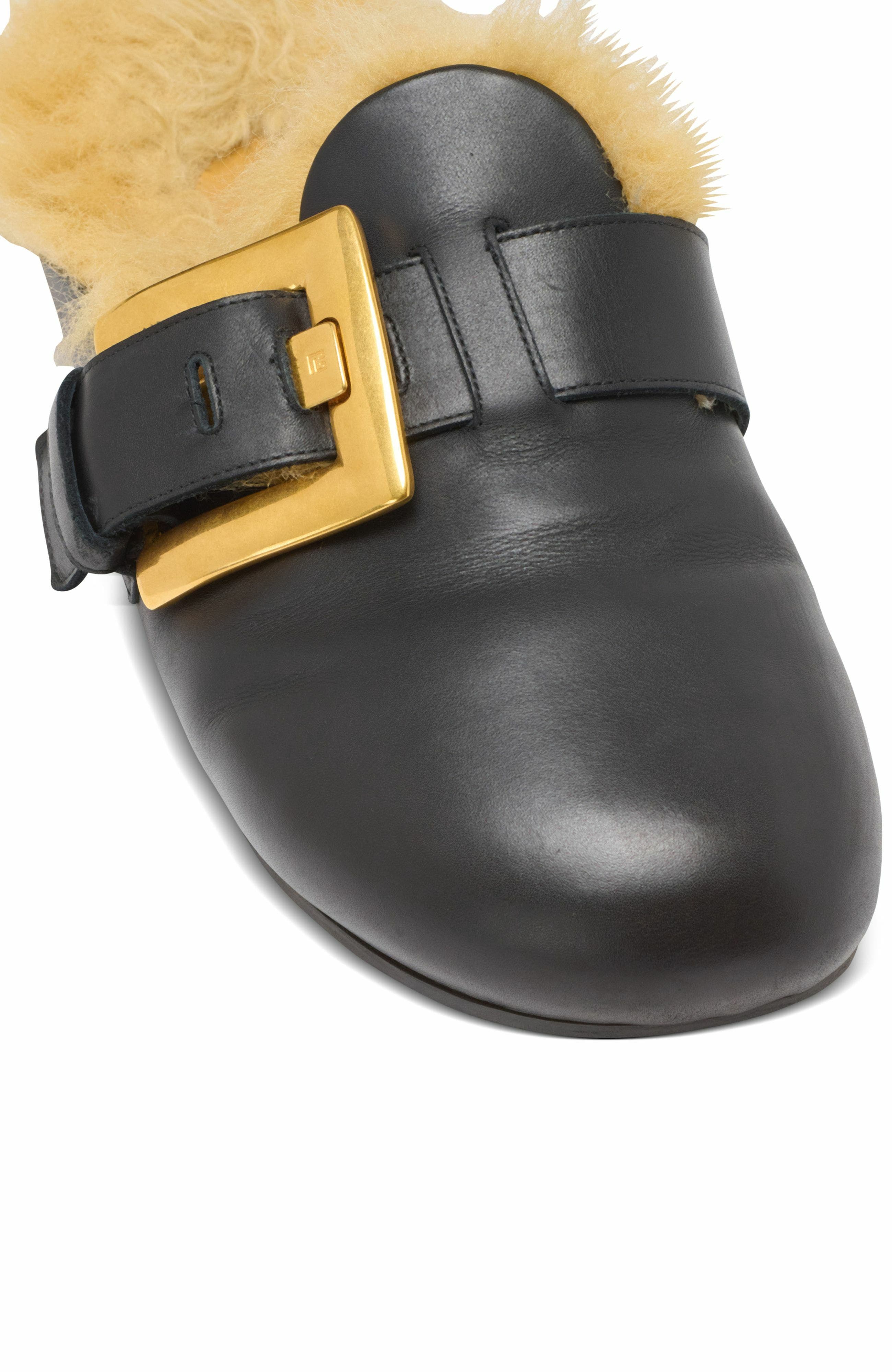 Balmain Flat Leather And Faux Fur Mules, Alternate, color, Black