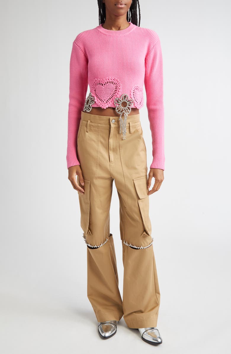 Area Crystal Flower & Crochet Heart Appliqué Crop Rib Sweater, Alternate, color, Fuchsia