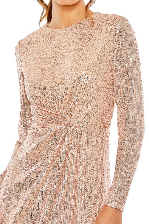 Mac Duggal Sequin Long Sleeve High Neck Column Gown In Metallic