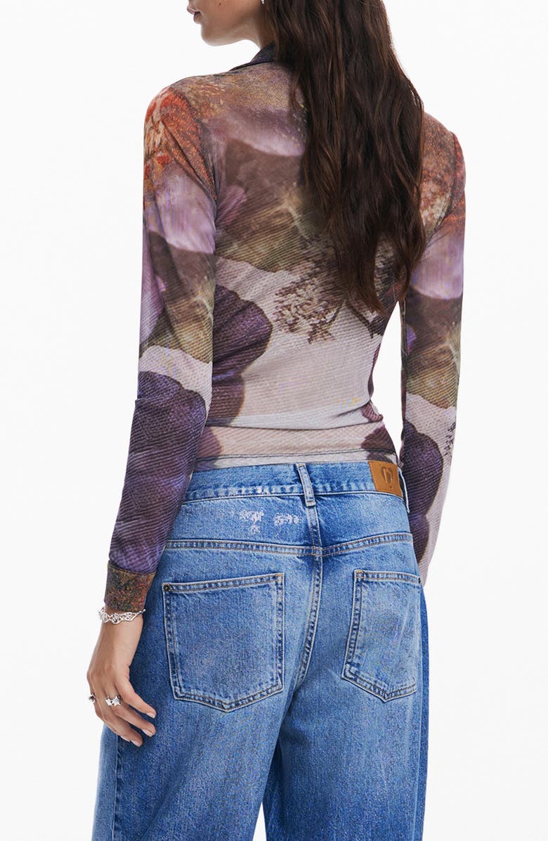 Desigual Maryland Ruched Mesh Button-Up Shirt, Alternate, color, Mix