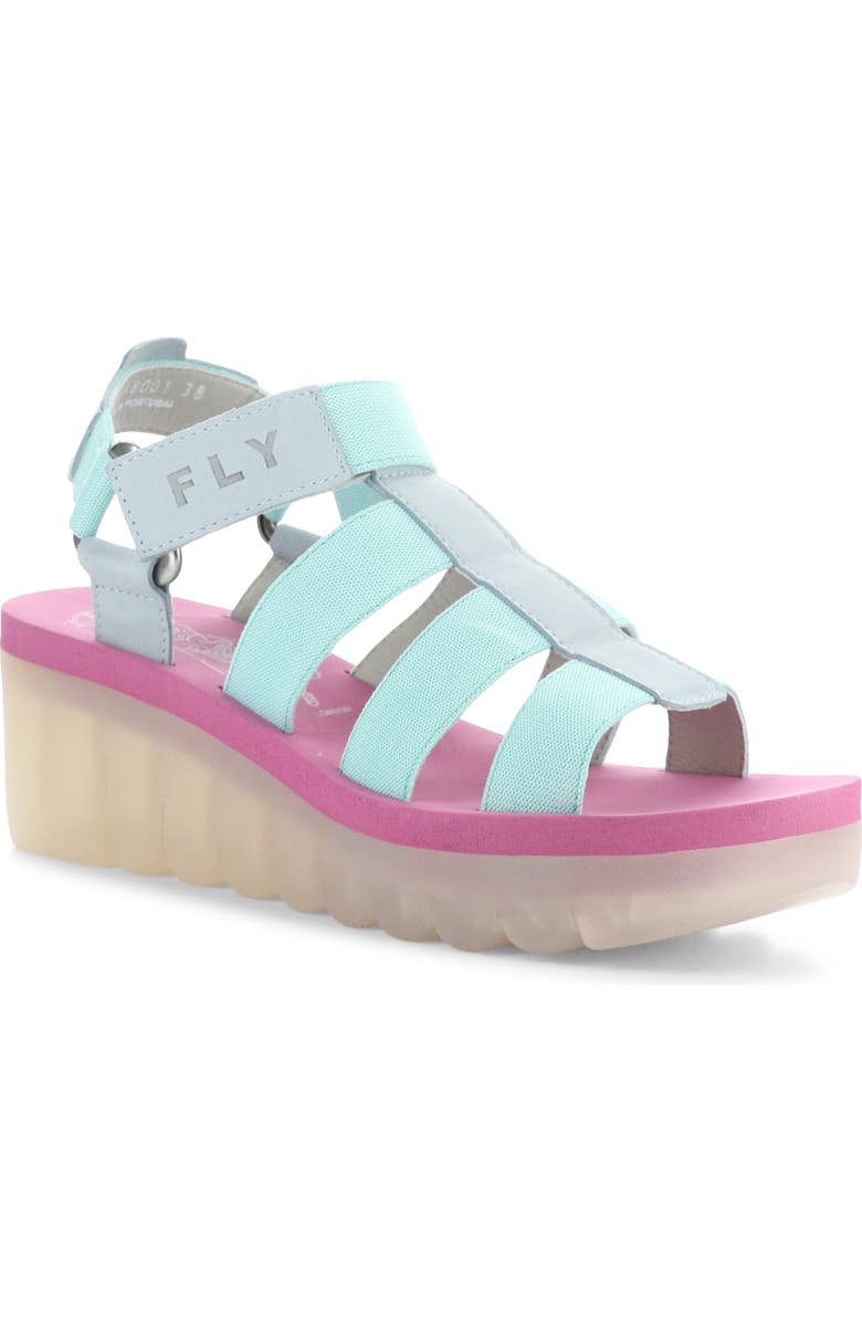 Fly London Yoji Platform Wedge Sandal, Main, color, Skyblue/ Multi