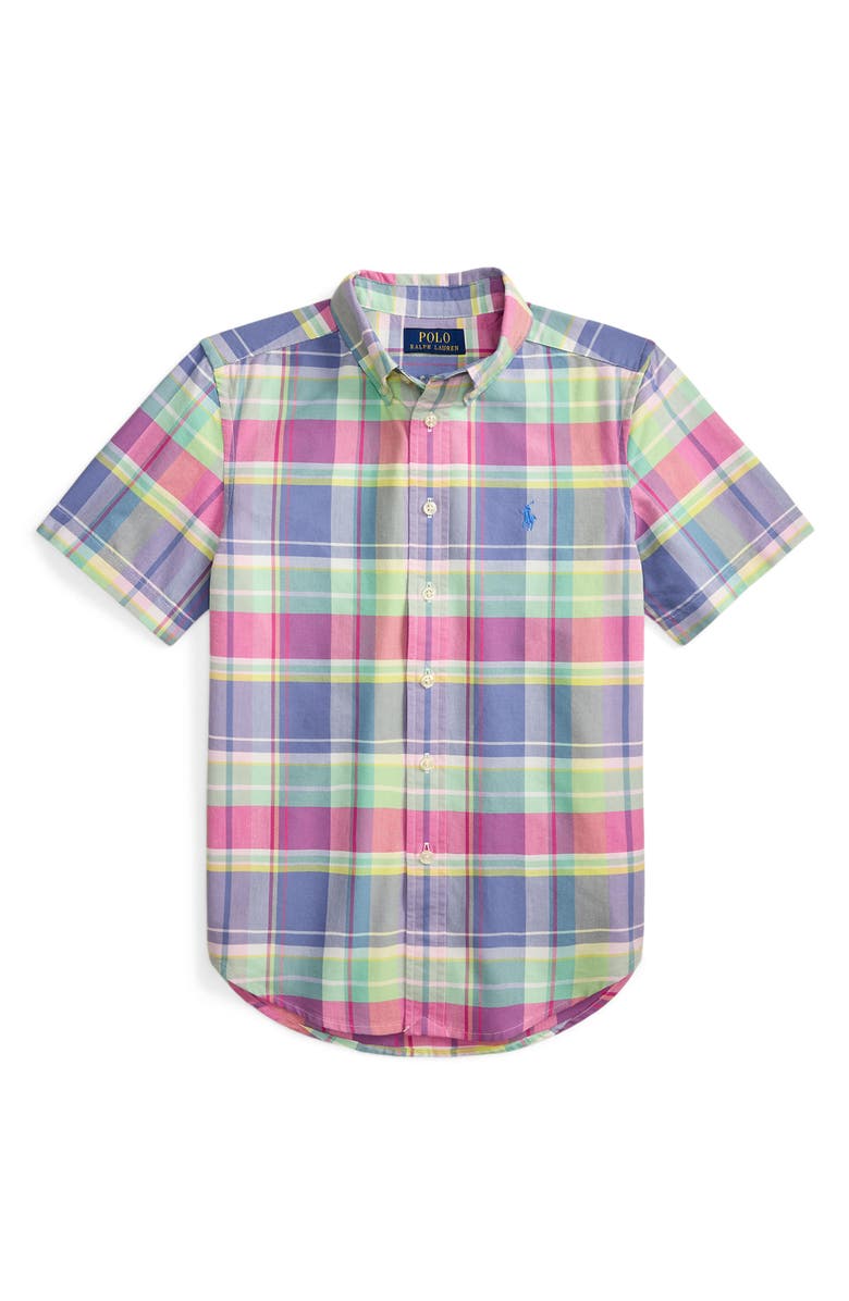 Polo Ralph Lauren Kids' Classic Plaid Short Sleeve Cotton Button-Down Shirt, Main, color, Jewel Blue Raspberry Multi