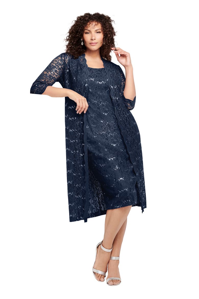 Plus Size 3/4 Sleeve Formal Duster Sequin Embellished Lace Dress Set, Main, color, NAVY