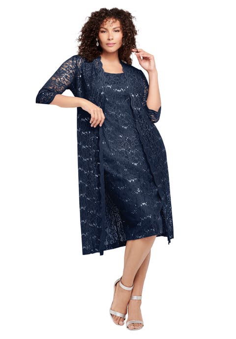 Plus Size 3/4 Sleeve Formal Duster Sequin Embellished Lace Dress Set (Plus)