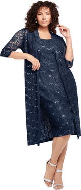 Roaman's Plus Size 3/4 Sleeve Formal Duster Sequin Embellished Lace Dress Set