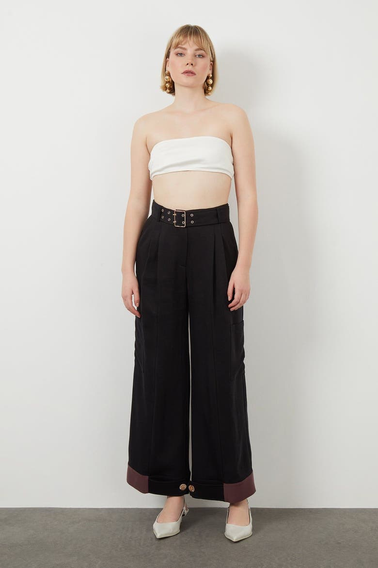 Belted Wide-Leg Tencel Pants with Side Pockets, Main, color, Black