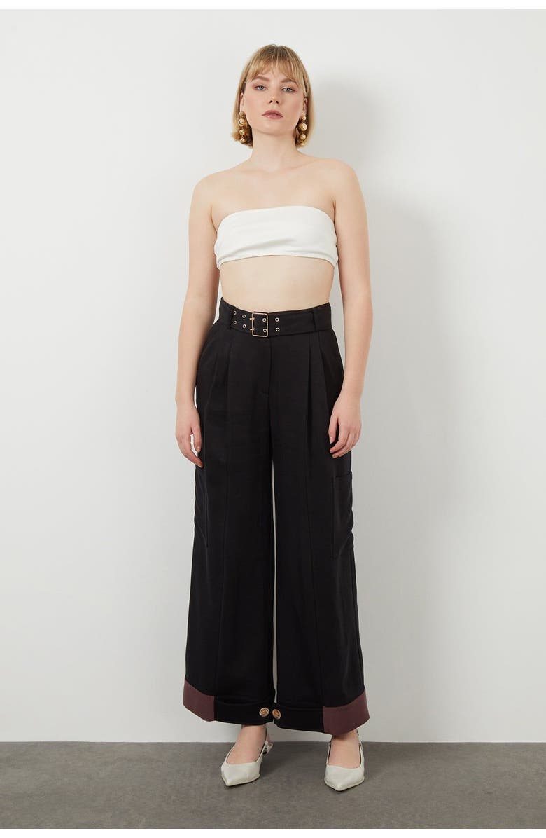 Gizia Classic Belted Side Pocket Wide-Leg Black Pants, Main, color, Black