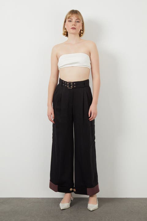Classic Belted Side Pocket Wide-Leg Black Pants