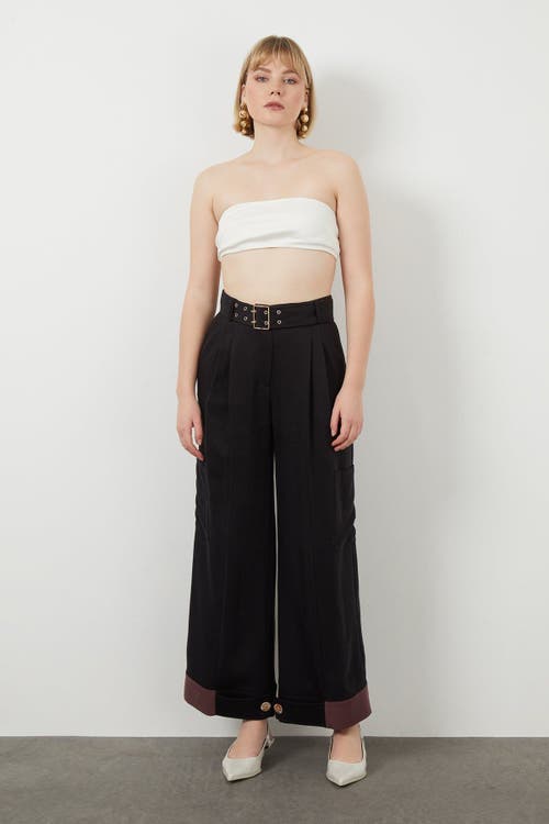 Gizia Classic Belted Side Pocket Wide-leg Black Pants