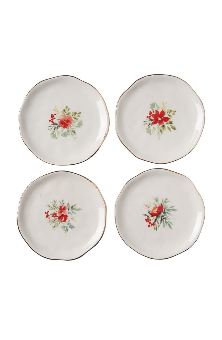 Transpac Ceramic Gold Edge Holiday Flourish Tidbit Plates Set of Four, Main, color, 