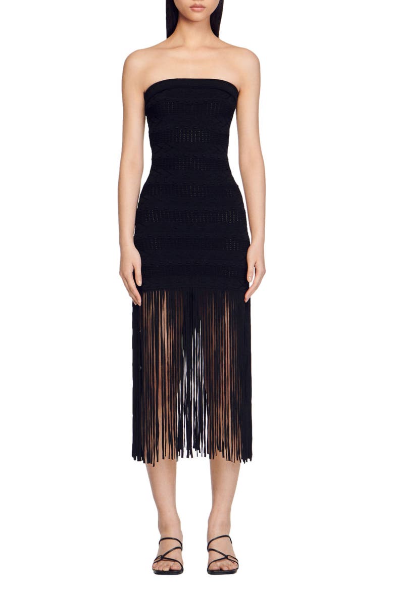 Maldives Crochet Fringe Strapless Dress, Main, color, NOIR