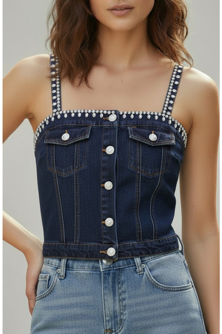 Embellished Denim Croset Top, Main, color, INDIGO WASH
