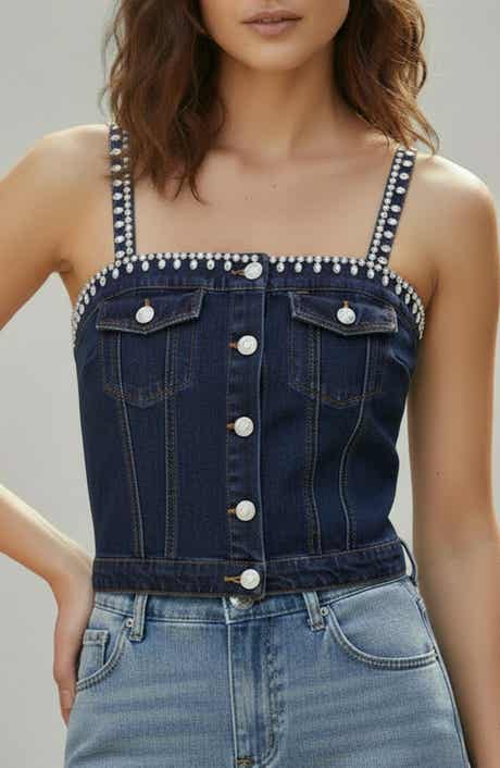 bebe Embellished Denim Croset Top