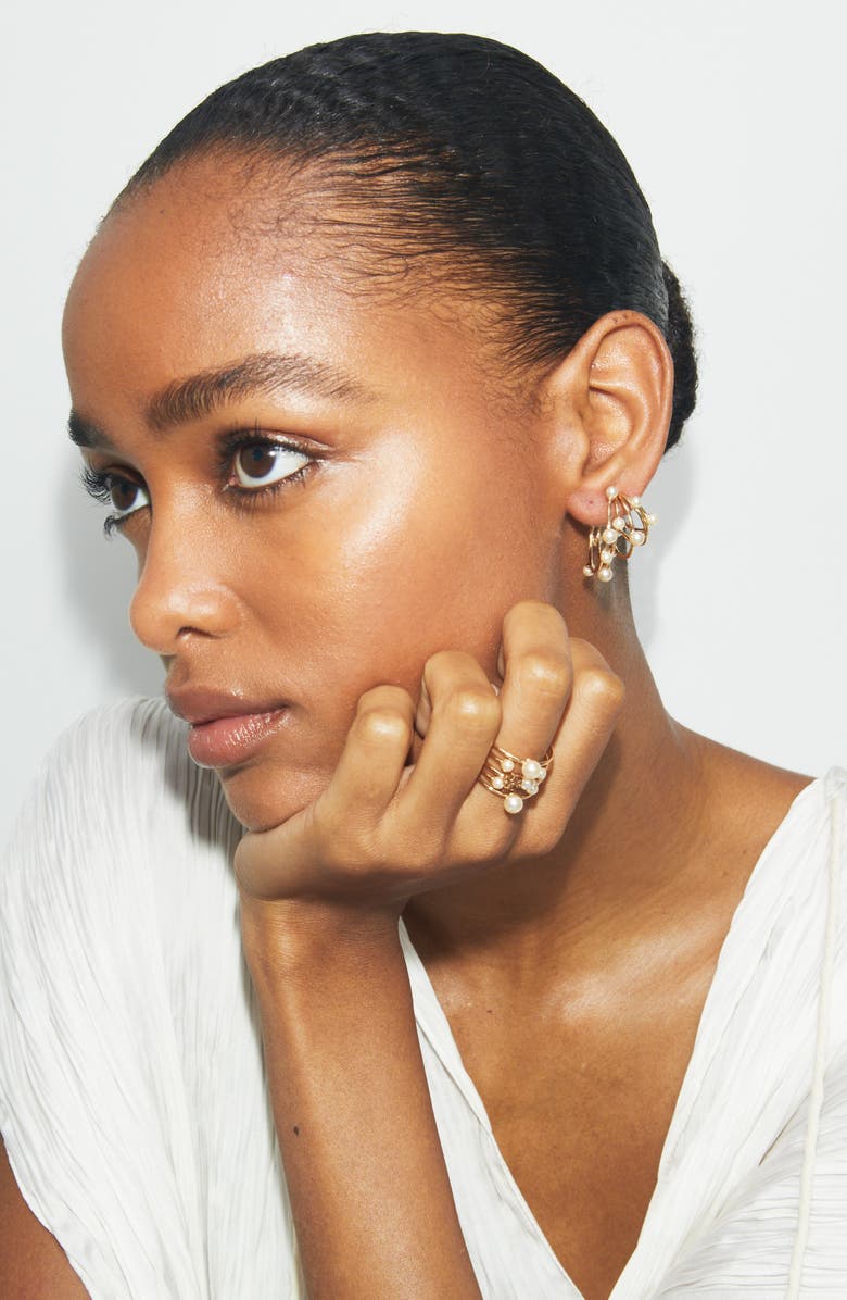 Tory Burch Pearl Multihoop Earrings, Alternate, color, Tory Gold / Pearl