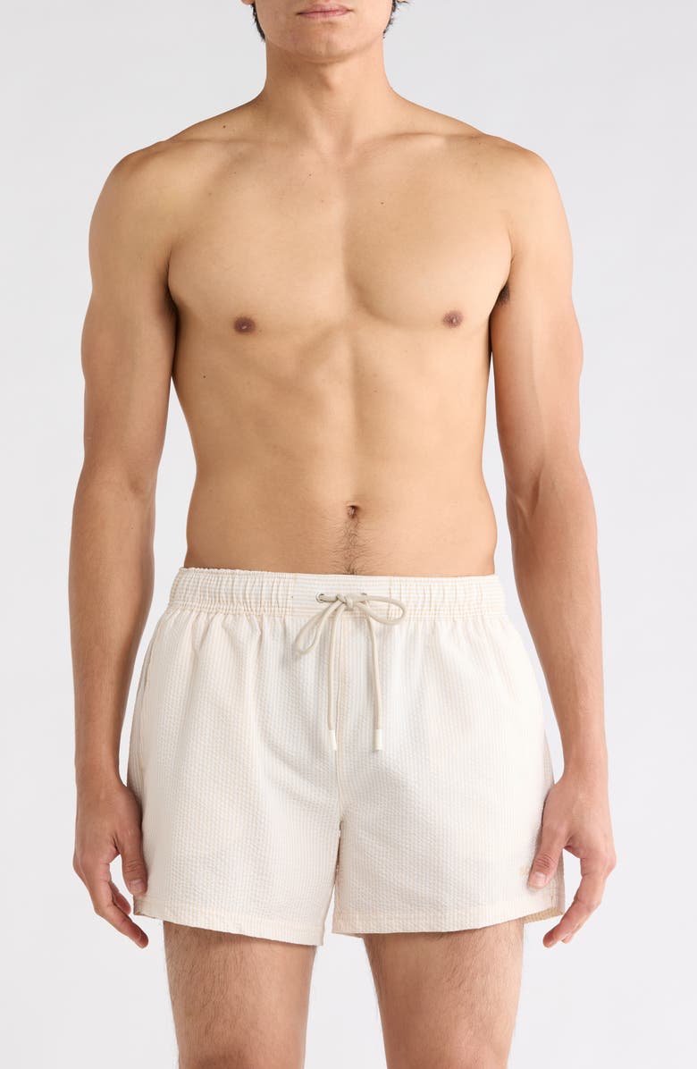 BOSS Velvetfish Seersucker Swim Trunks, Main, color, Open White