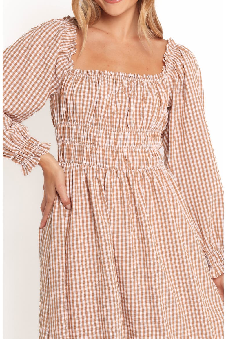 Torrie Shirred Long Sleeve Maxi Dress, Alternate, color, BROWN CHECK