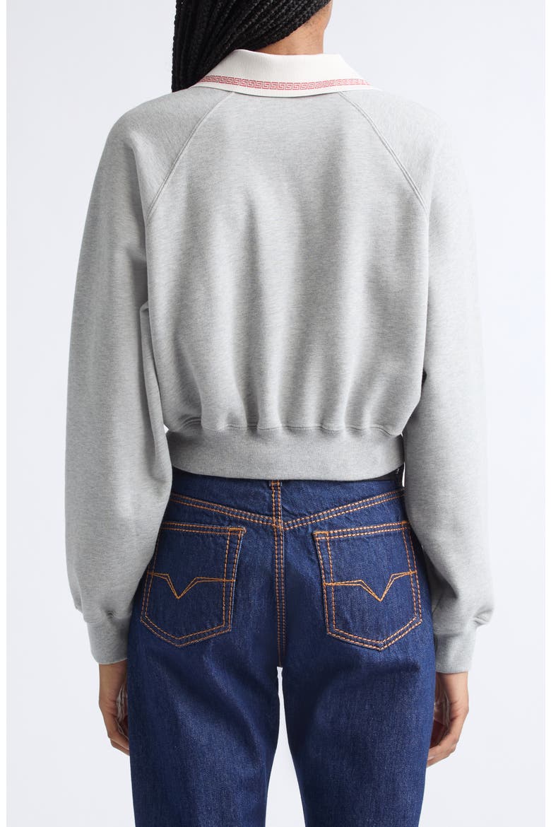 Embroidered Logo Greca Collar Cotton Fleece Crop Polo Sweatshirt, Alternate, color, GREY MELANGE WHITE