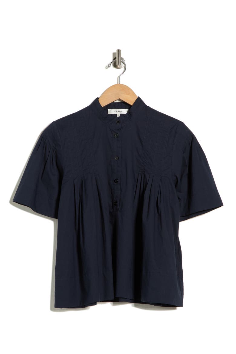 Short Sleeve Pleated Button-Up Top, Alternate, color, NAVY