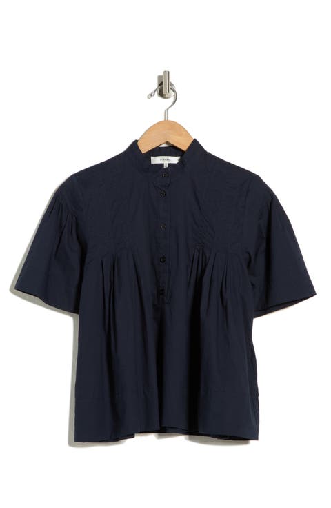 Short Sleeve Pleated Button-Up Top