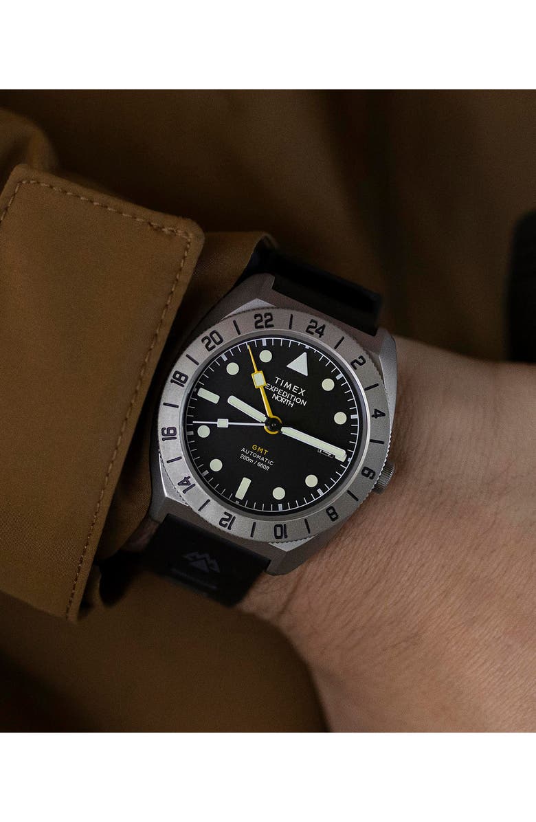 Timex<sup>®</sup> Expedition North<sup>®</sup> GMT Titanium Automatic Silicone Strap Watch, 41mm, Alternate, color, Black