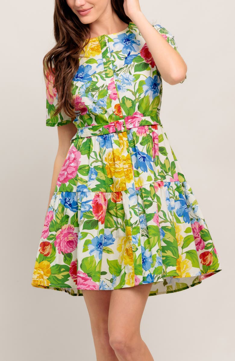 FLYING TOMATO Short Sleeve Print Minidress, Alternate, color, Green Multi Floral