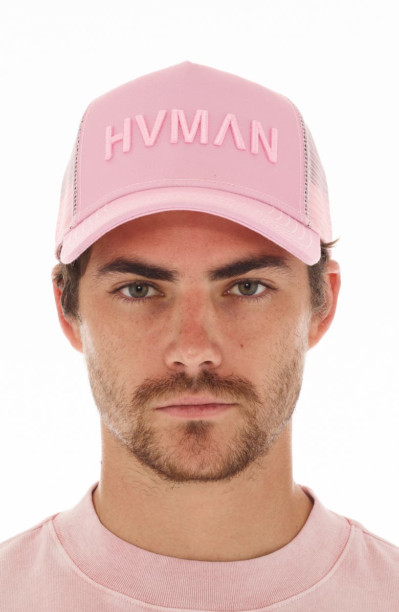 HVMAN Logo Mesh Trucker Hat, Main, color, Coral