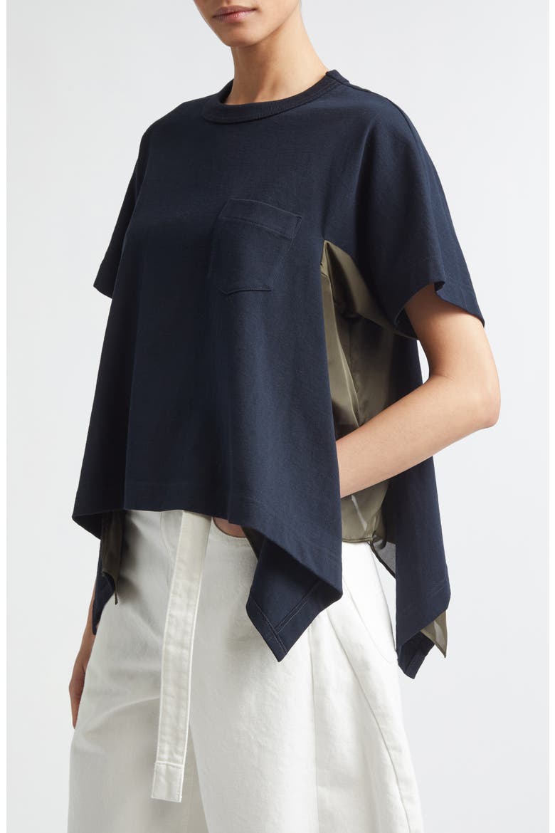Mixed Media Cotton Jersey & Satin Pocket T-Shirt, Alternate, color, NAVY/ KHAKI