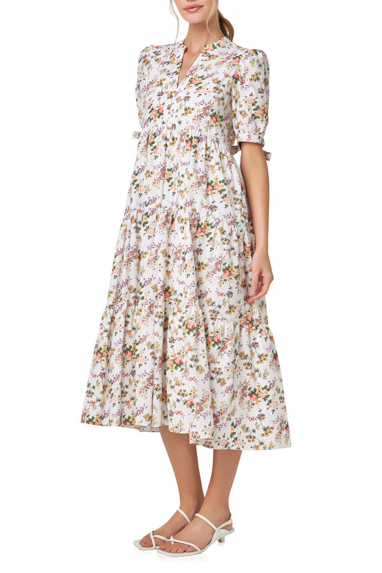 Floral Print Tiered Midi Dress, Alternate, color, WHITE