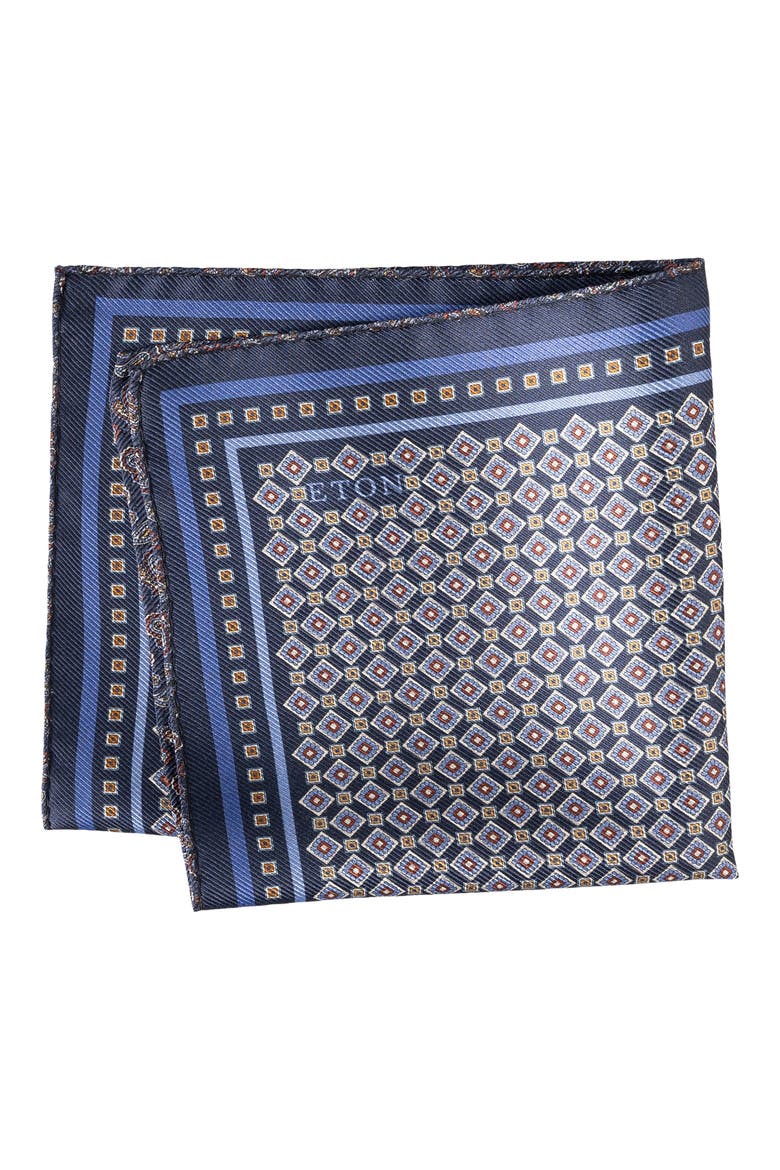 Geometric & Paisley Reversible Silk Pocket Square, Main, color, NAVY