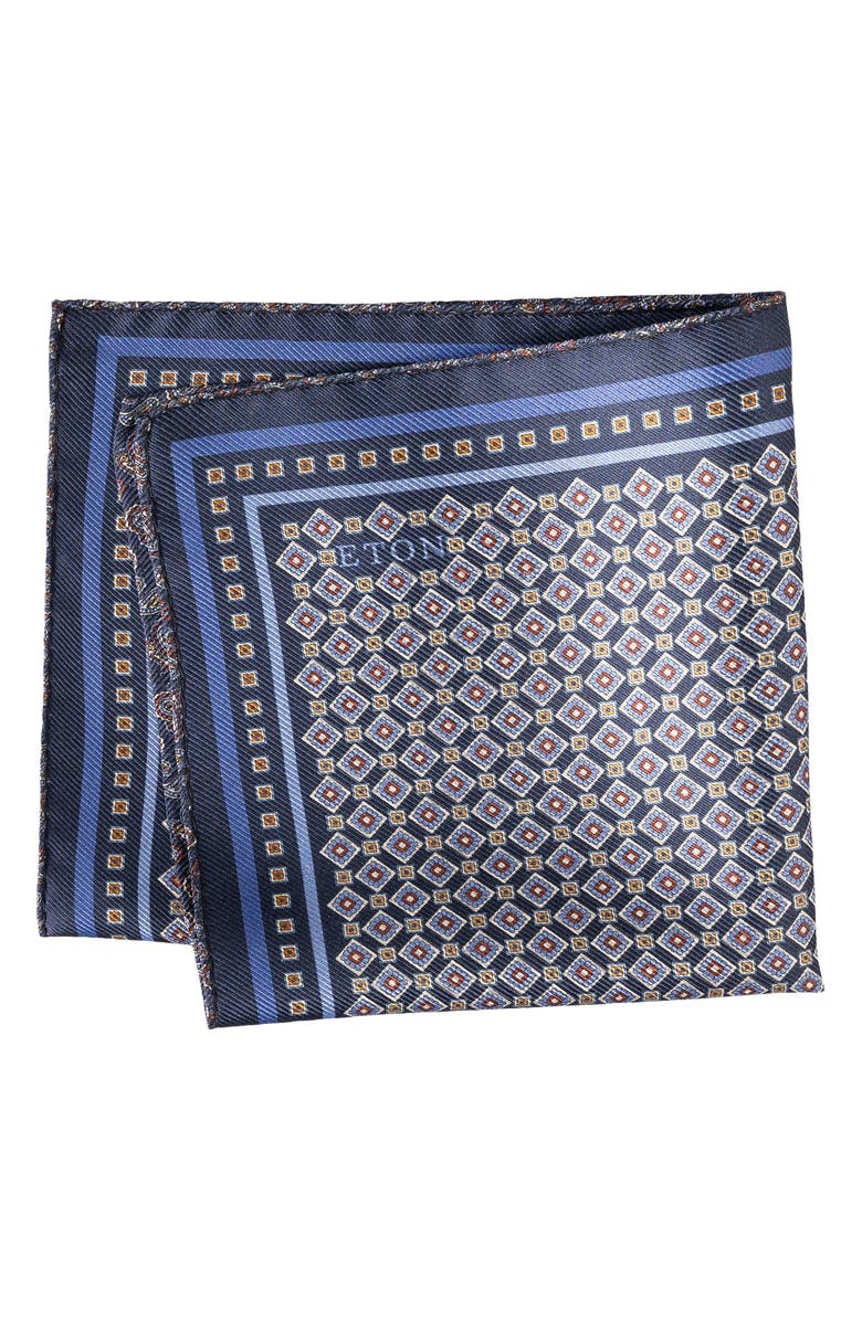 Eton Geometric & Paisley Reversible Silk Pocket Square, Main, color, Navy