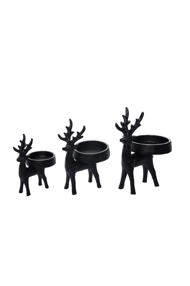 Iron Matte Black Short Reindeer Candle Holder Set of 3 - Perfect for Christmas Decor and Holiday Ambiance, Main, color, Black