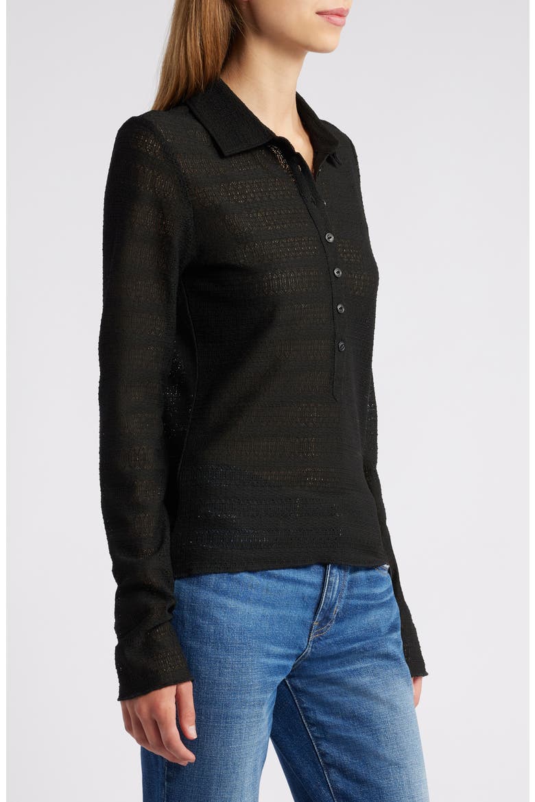 Julia Open Knit Long Sleeve Polo, Alternate, color, BLACK