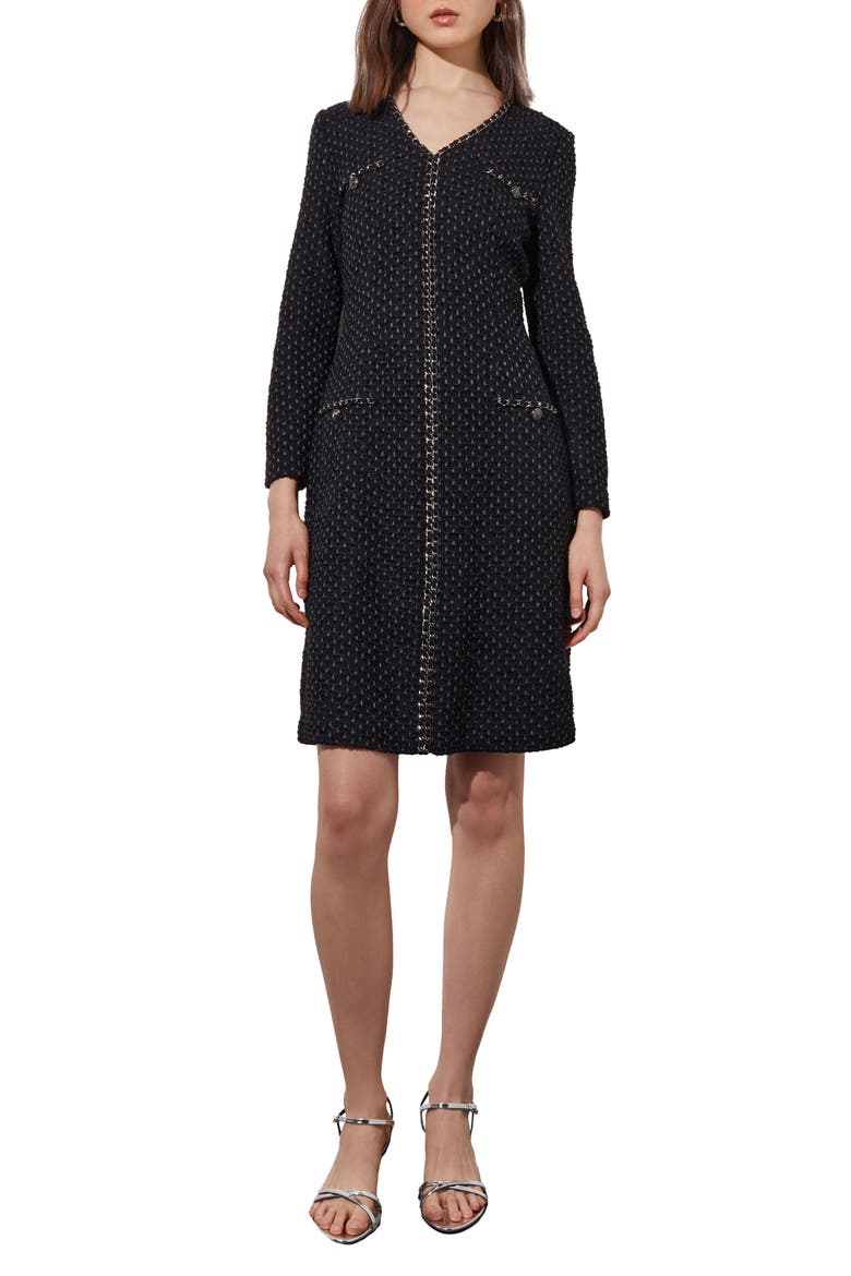 Metallic Braid Detail Long Sleeve Dress, Main, color, BLK/ GRANITE