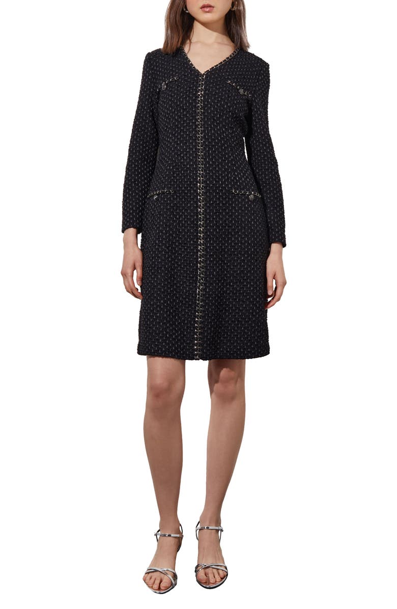 Ming Wang Metallic Braid Detail Long Sleeve Dress, Main, color, Blk/ Granite