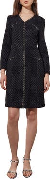 Ming Wang Metallic Braid Detail Long Sleeve Dress