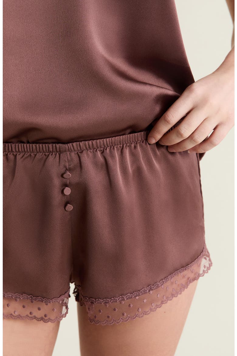 Plume Lace Trim Satin Shorts, Alternate, color, CHOCOLATE