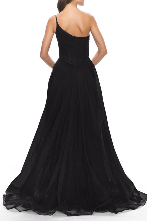 La Femme One Shoulder A-line Tulle Gown With Sheer Bodice