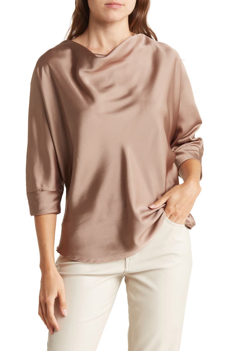 Renee C Cowl Neck Satin Blouse, Main, color, Dune
