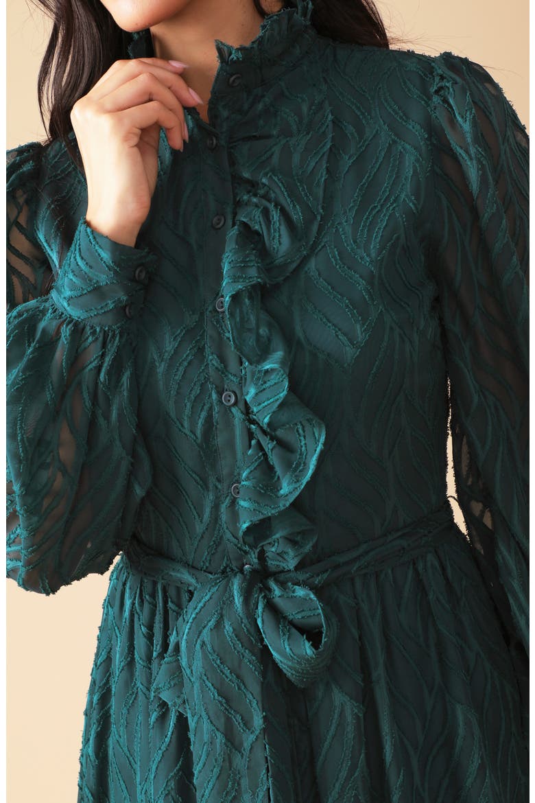 Solid Long Sleeve Ruffle Midi Dress, Alternate, color, DARK GREEN