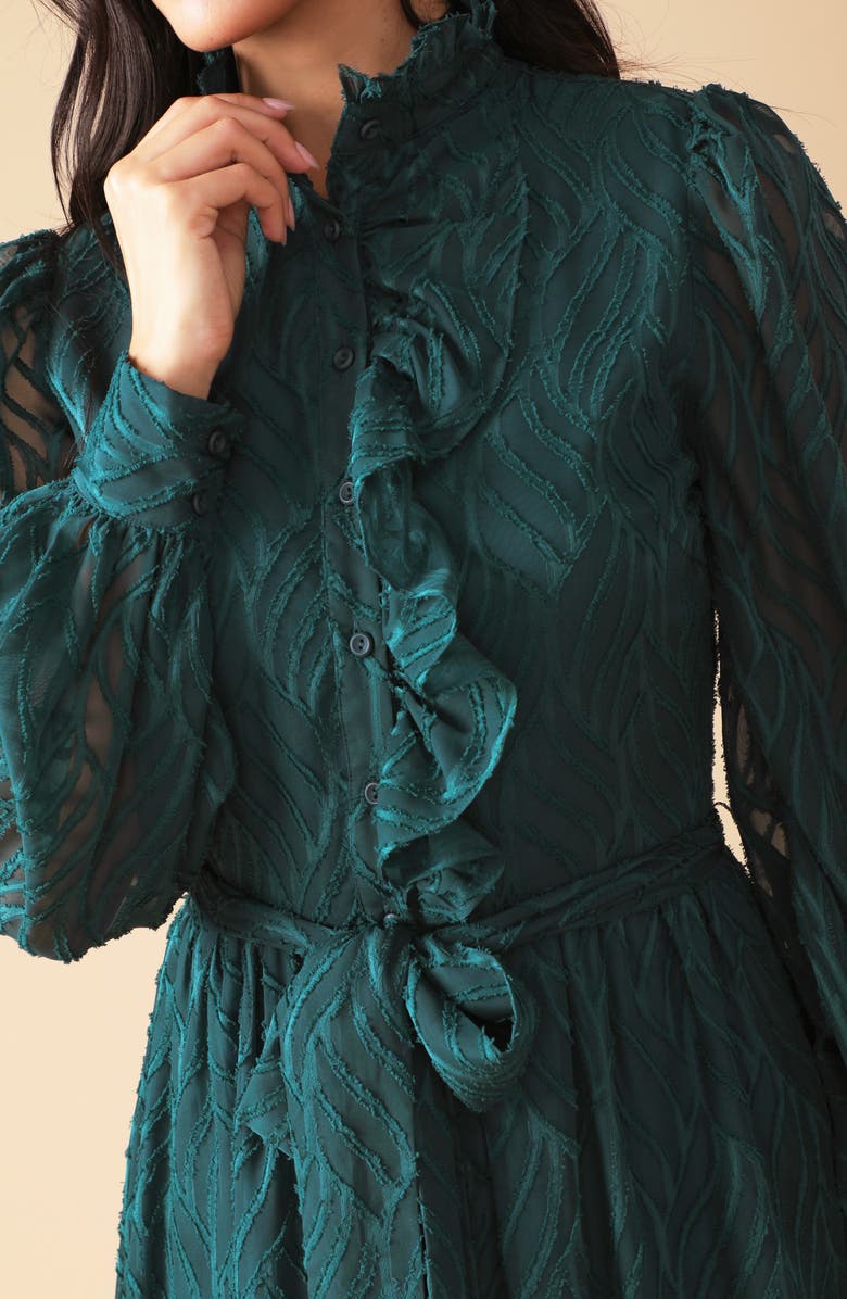 FLYING TOMATO Solid Long Sleeve Ruffle Midi Dress, Alternate, color, Dark Green