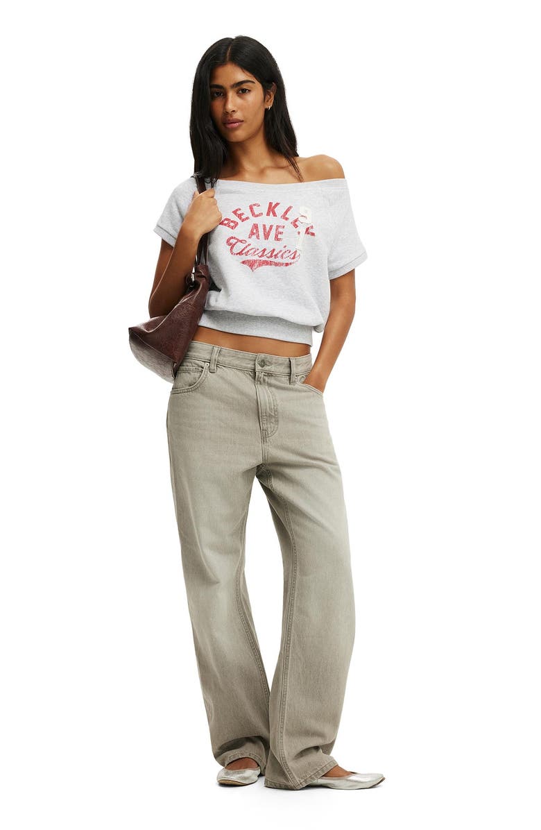 Cotton On Women's Short Sleeve Off Shoulder Sweatshirt, Alternate, color, Soft Grey Marle Beckley