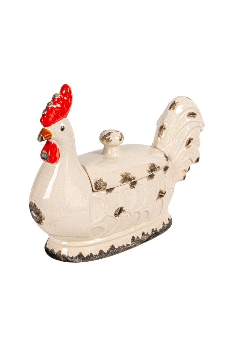 Decorative Stoneware Rooster Container with Lid and Distressed Finish, Multicolor, Main, color, White