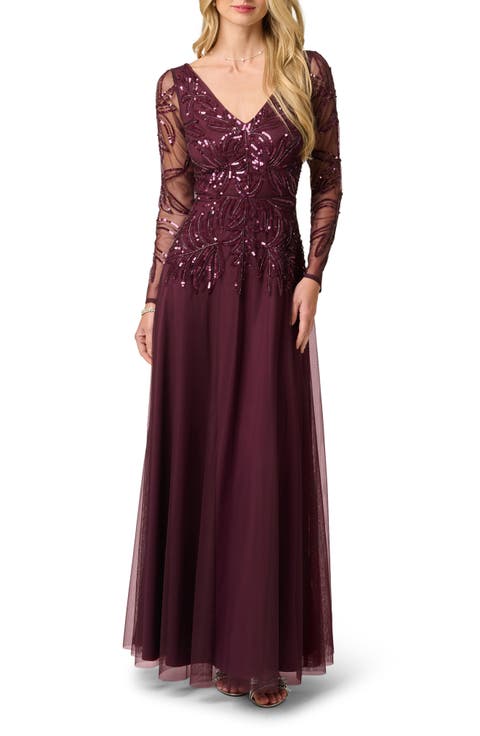 Sequin Leaf Long Sleeve A-Line Gown