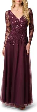 Adrianna Papell Sequin Leaf Long Sleeve A-Line Gown