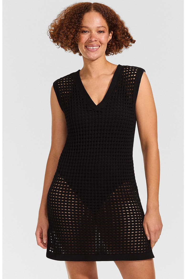 Cotton Open Knit V-Neck Swim Cover-up Dress, Main, color, Black