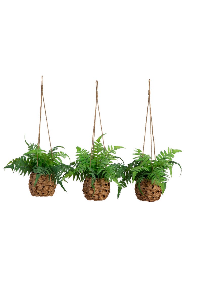 NEARLY NATURAL 10-in UV Resistant Artificial Boston Fern in Hanging Wicker Basket (Indoor/Outdoor) - Set of 3, Main, color, Green